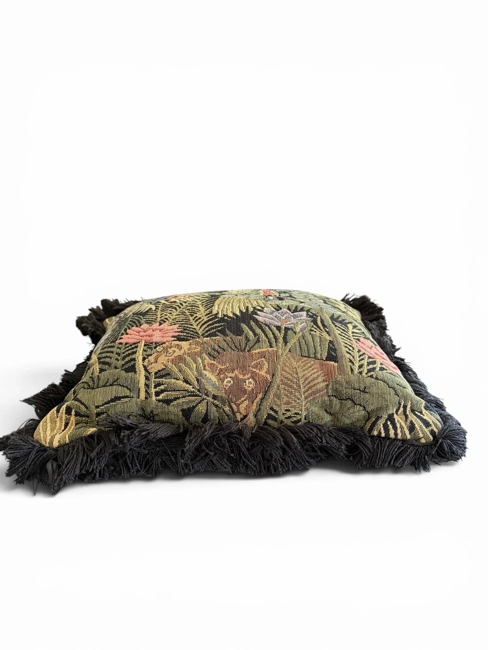 Vintage Black Floral and Animal Tapestry Accent Pillow
